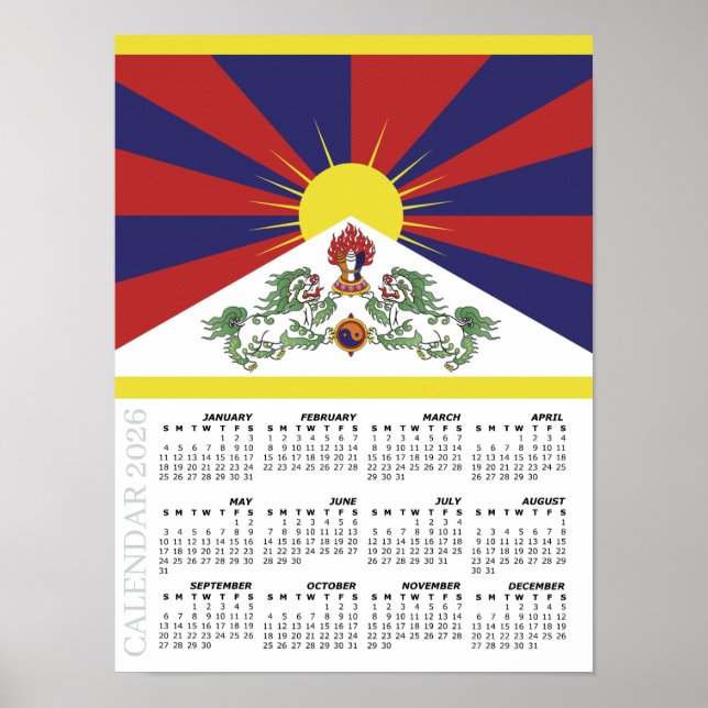 Tibet 2026 Calendar, Large, Tibetan Flag Poster (Vorne)