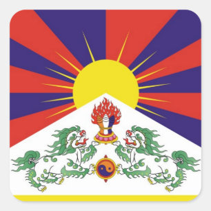 Tibet, Schnee-Löwen, tibetanische Flagge - der Quadratischer Aufkleber