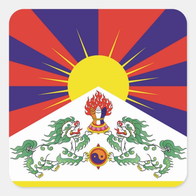 Tibet, Snow Lions, tibetische Flagge - Der Himalay Quadratischer Aufkleber (Vorderseite)