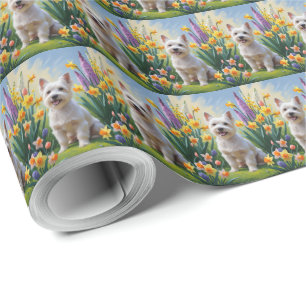 Tibet-Terrier-Hund-Frühlingsblumen-Gemälde Geschenkpapier