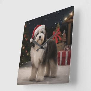 Tibet-Terrier-Hund im Schnee Weihnachten Quadratische Wanduhr
