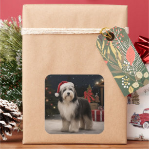 Tibet-Terrier-Hund im Schnee Weihnachten Quadratischer Aufkleber