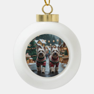 Tibet-Terrier-Hunde Weihnachten Schnee Urlaub Keramik Kugel-Ornament
