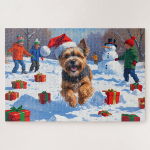 Tibet-Terrier läuft im Schnee mit Weihnachtsmütze Puzzle