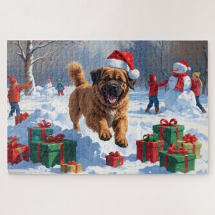 Tibetan Mastiff läuft mit Weihnachtsmut im Schnee Puzzle