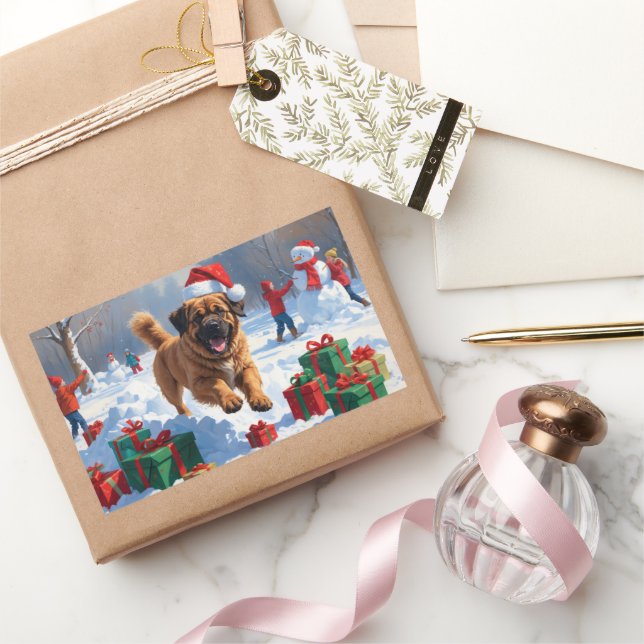 Tibetan Mastiff läuft mit Weihnachtsmut im Schnee Rechteckiger Aufkleber (Schenken)