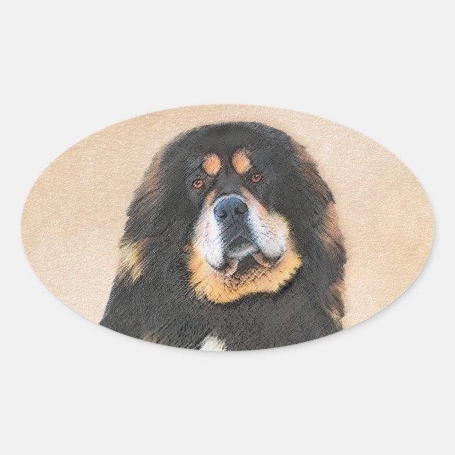 Tibetan Mastiff Malerei - Niedliche Original Dog A Ovaler Aufkleber (Vorderseite)