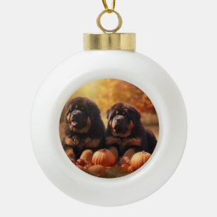 Tibetan-Mastiff-Welpe Herbstfreude Kürbis Keramik Kugel-Ornament