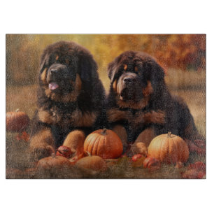 Tibetan-Mastiff-Welpe Herbstfreude Kürbis  Schneidebrett