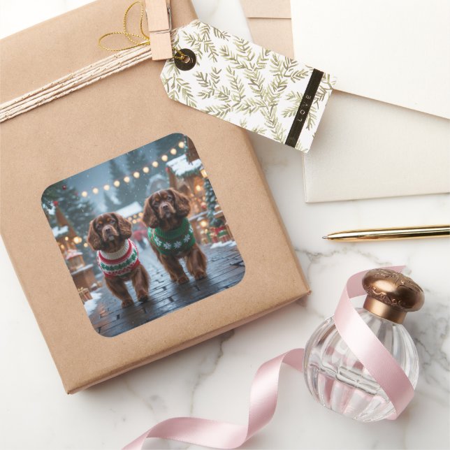 Tibetan Spaniel Dogs Christmas Snow Holiday Quadratischer Aufkleber (Schenken)