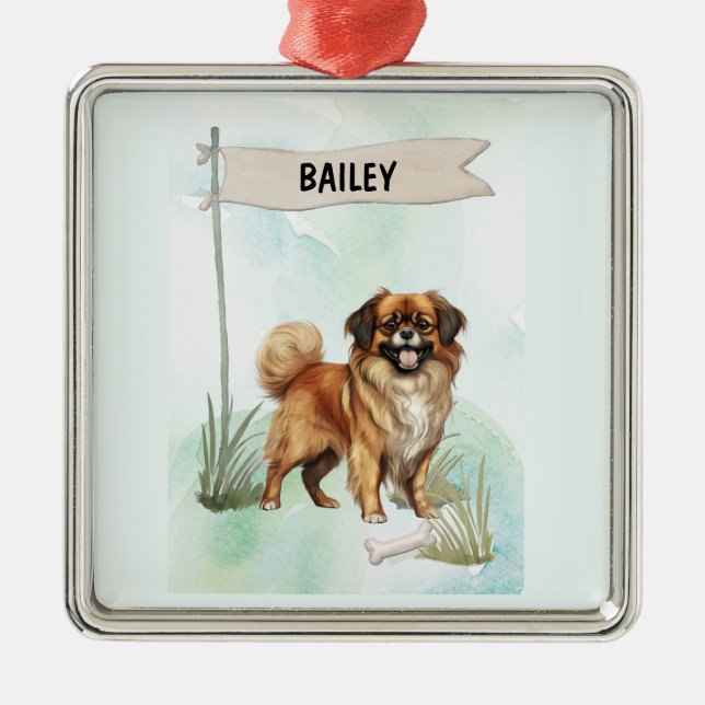 Tibetan Spaniel Watercolor Personalized Dog Ornament Aus Metall (Vorne)