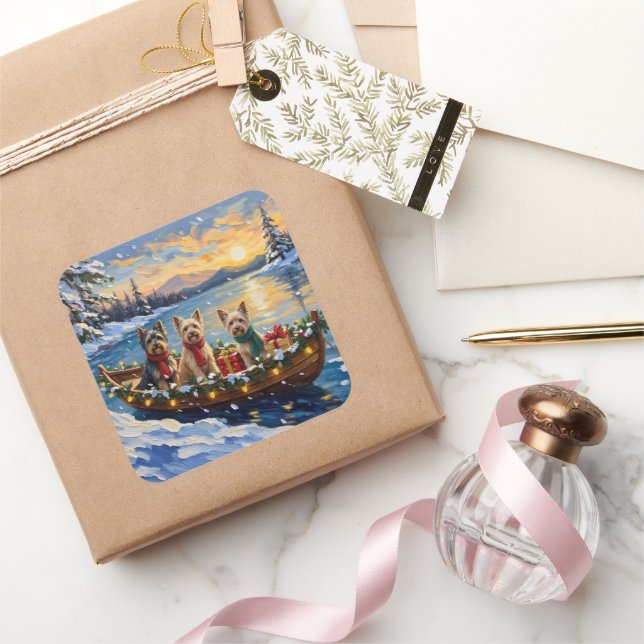 Tibetan Terrier Christmas Boat Holiday Quadratischer Aufkleber (Schenken)