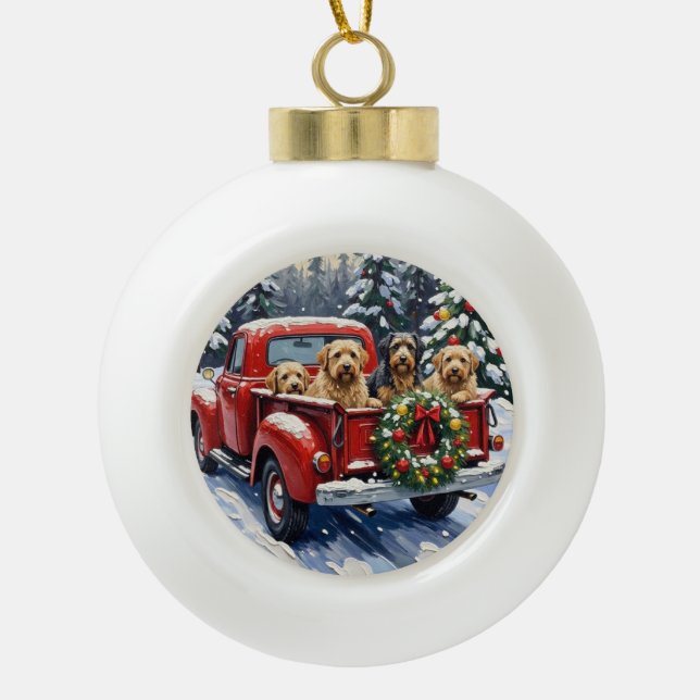 Tibetan Terrier Christmas Red Truck Holiday Keramik Kugel-Ornament (Vorderseite)