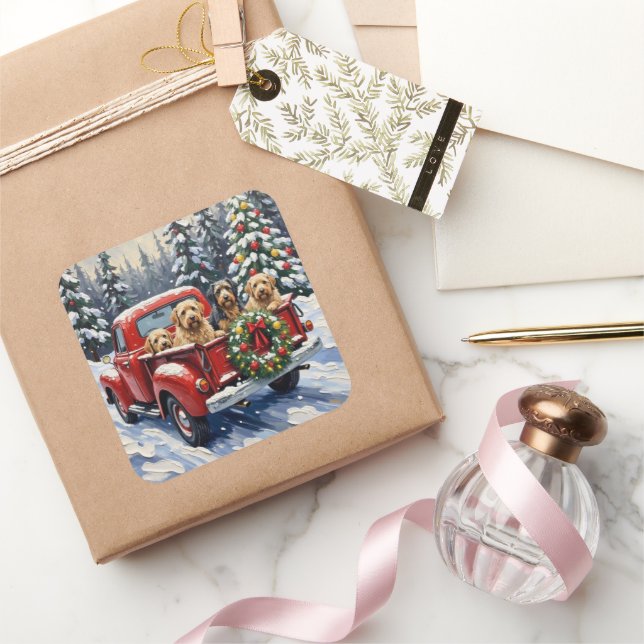 Tibetan Terrier Christmas Red Truck Holiday Quadratischer Aufkleber (Schenken)
