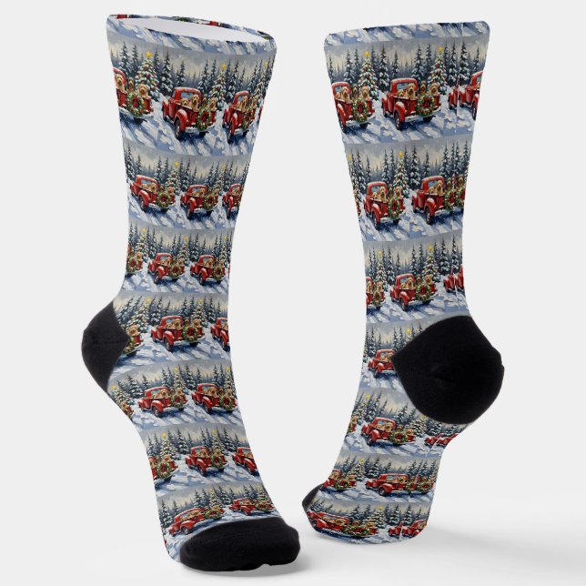 Tibetan Terrier Christmas Red Truck Holiday Socken (Gewinkelt)