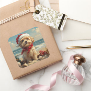 Tibetan Terrier Dog Christmas Vintag Beach Quadratischer Aufkleber
