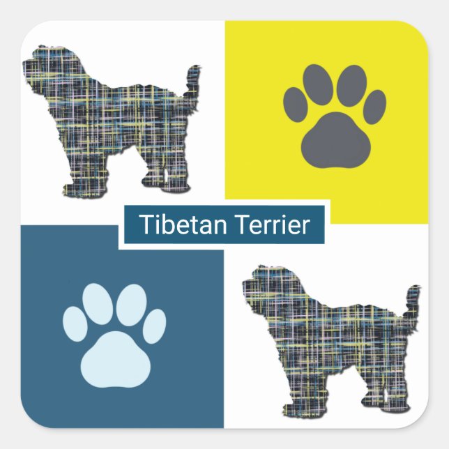 Tibetan Terrier Dog & Paw Y&B Grid Square Sticker (Vorderseite)