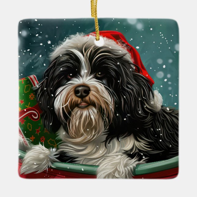 Tibetan Terrier Dog Weihnachtsfest Keramikornament (Vorderseite)