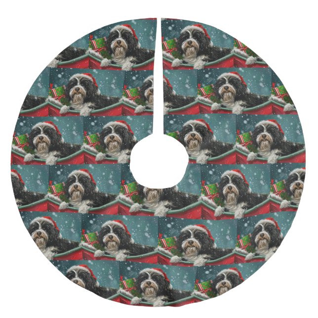 Tibetan Terrier Dog Weihnachtsfest Polyester Weihnachtsbaumdecke (Vorderseite)