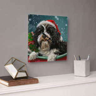 Tibetan Terrier Dog Weihnachtsfest Quadratische Wanduhr