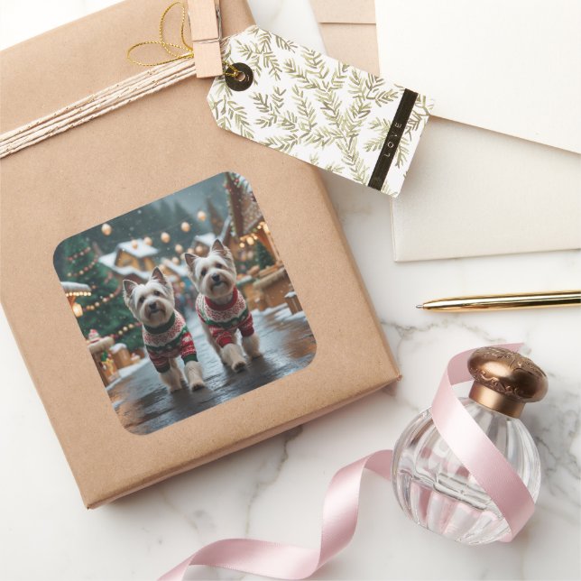 Tibetan Terrier Dogs Christmas Snow Holiday Quadratischer Aufkleber (Schenken)