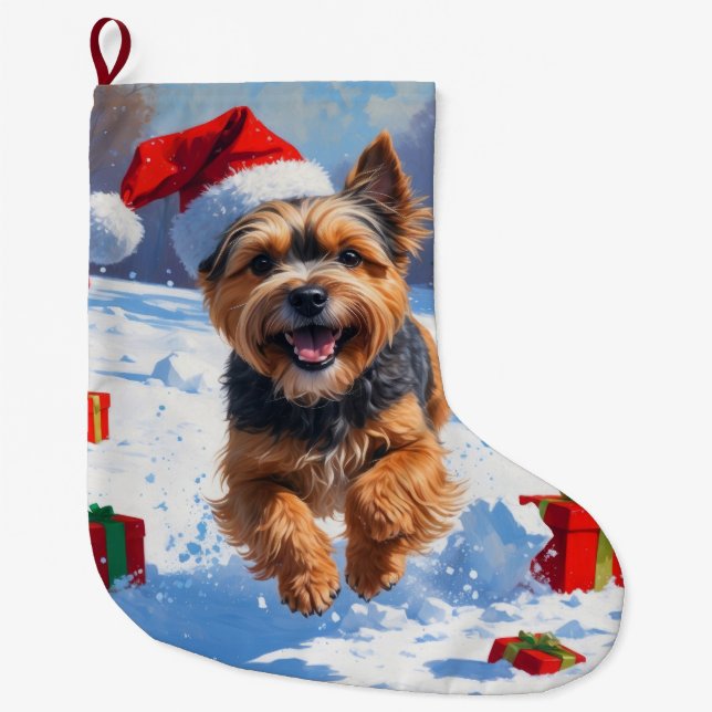 Tibetan Terrier läuft mit Weihnachtshut im Schnee Großer Weihnachtsstrumpf (Vorderseite)