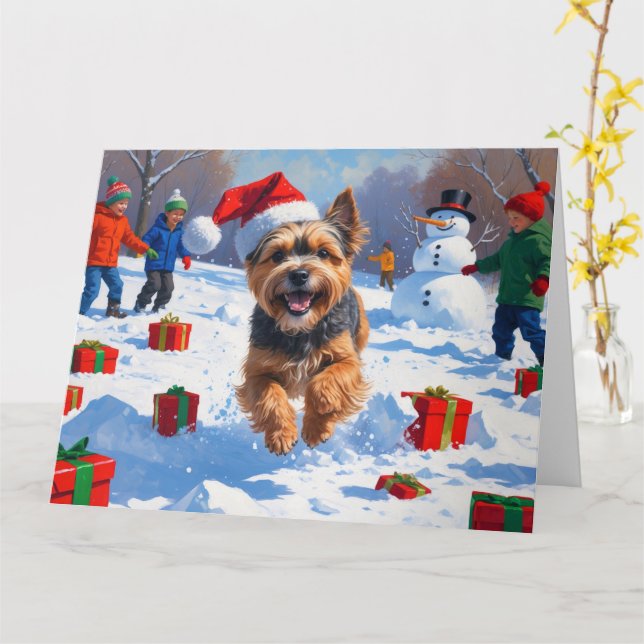 Tibetan Terrier läuft mit Weihnachtshut im Schnee Karte (Gelbe Blume)