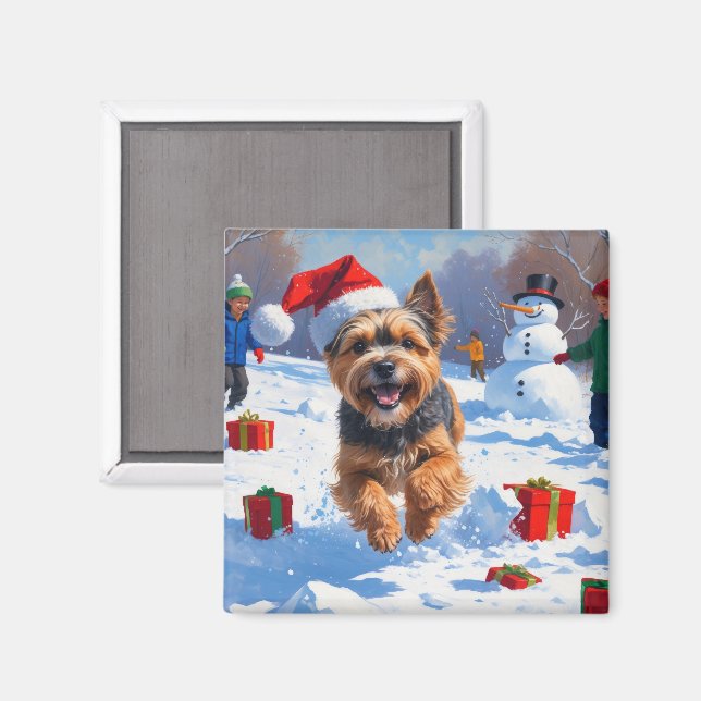 Tibetan Terrier läuft mit Weihnachtshut im Schnee Magnet (Vorderseite/Rückseite)