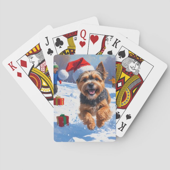 Tibetan Terrier läuft mit Weihnachtshut im Schnee Spielkarten (Rückseite)