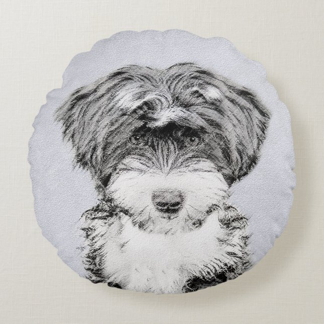 Tibetan Terrier Painting - Niedliche Original Dog  Rundes Kissen (Vorderseite)