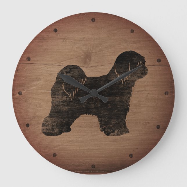 Tibetan Terrier Silhouette Rustikal Große Wanduhr (Vorderseite)