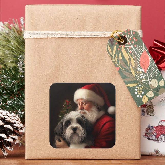 Tibetan Terrier Weihnachtsmann Weihnachten Quadratischer Aufkleber (Feiertag)
