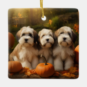 Tibetan Terrier Welpe Herbstfreude Kürbis Keramikornament
