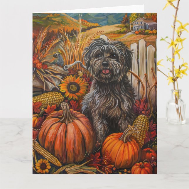 Tibeter Terrier Dog Herbsternte Erntedank Karte (Gelbe Blume)