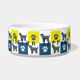 Tibeter Terrier Dog & Paw Yellow&Blue Grid Dog Bow Napf