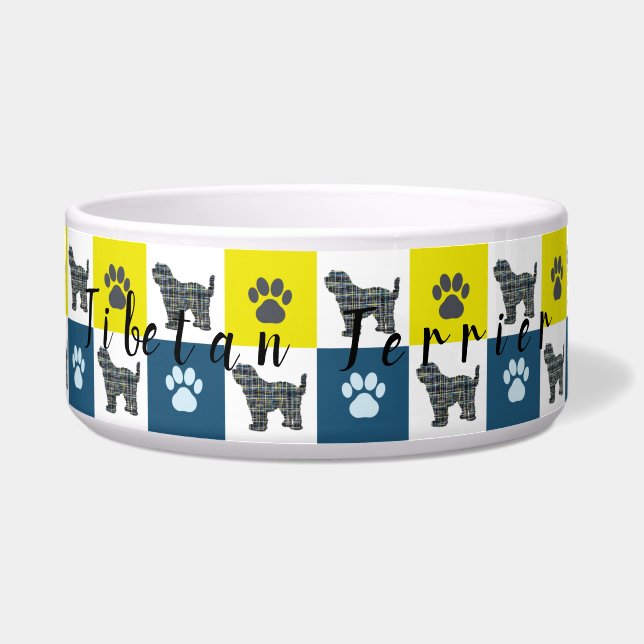 Tibeter Terrier Dog & Paw Yellow&Blue Grid Dog Bow Napf (Vorderseite)