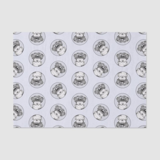 Tibeter Terrier Painting Black and White Dog Art Seidenpapier (Vorderseite)