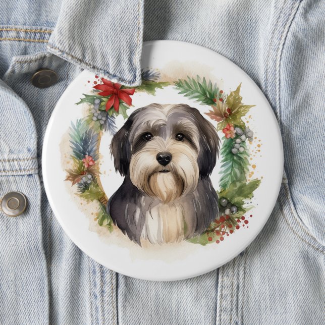Tibeter Terrier Weihnachtskranz Festliche Jungfrau Button (Beispiel)
