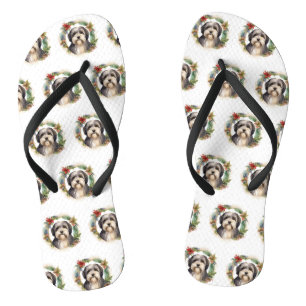 Tibeter Terrier Weihnachtskranz Festliche Jungfrau Flip Flops