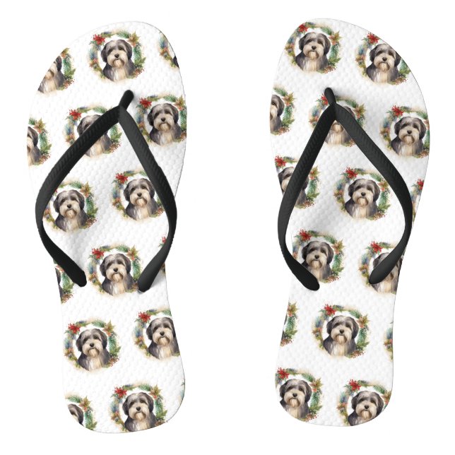 Tibeter Terrier Weihnachtskranz Festliche Jungfrau Flip Flops (Fußbett)