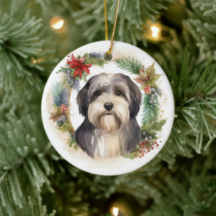 Tibeter Terrier Weihnachtskranz Festliche Jungfrau Keramik Ornament