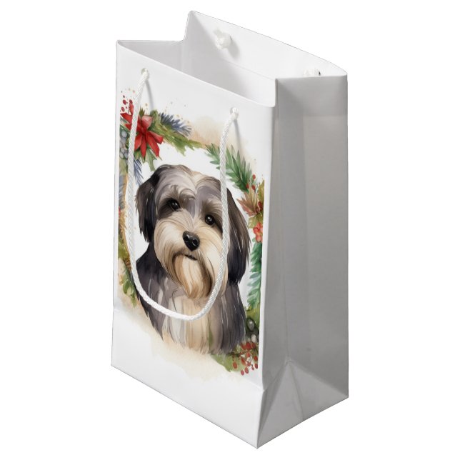 Tibeter Terrier Weihnachtskranz Festliche Jungfrau Kleine Geschenktüte (Vorderseite Schrägansicht)