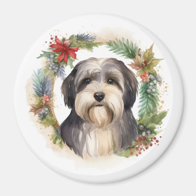 Tibeter Terrier Weihnachtskranz Festliche Jungfrau Magnet (Vorne)