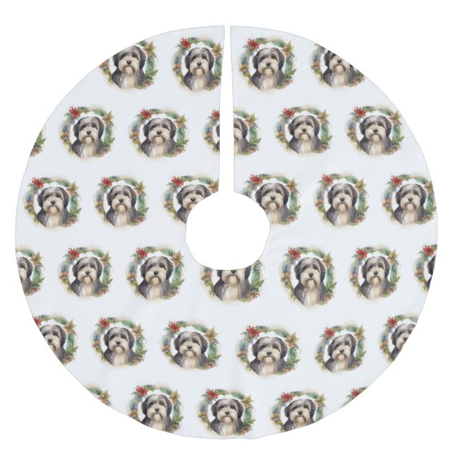 Tibeter Terrier Weihnachtskranz Festliche Jungfrau Polyester Weihnachtsbaumdecke (Vorderseite)