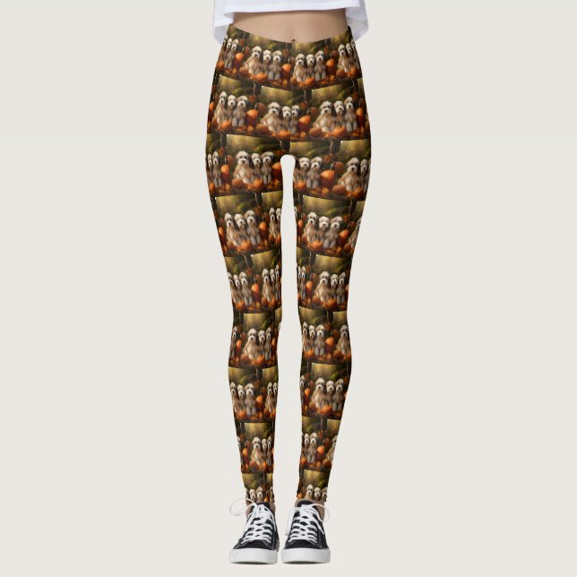 Tibeter Terrier Welpe Herbst Kürbis Leggings (Vorderseite)