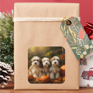 Tibeter Terrier Welpe Herbst Kürbis Quadratischer Aufkleber