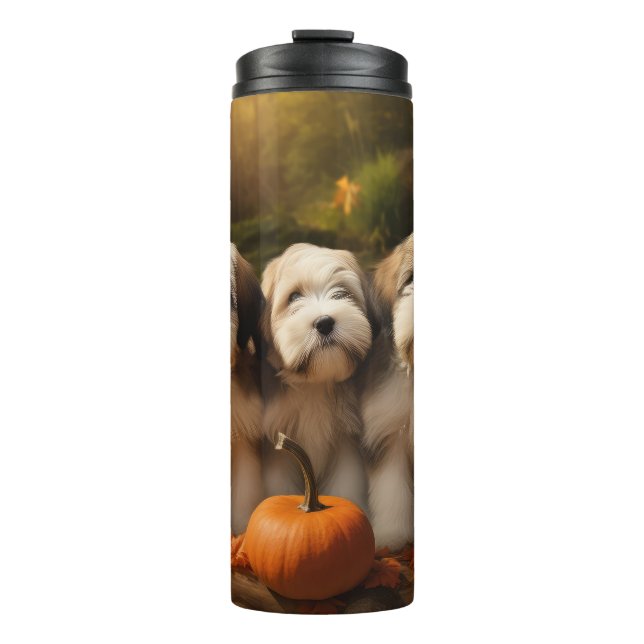 Tibeter Terrier Welpe Herbst Kürbis Thermosbecher (Vorderseite)