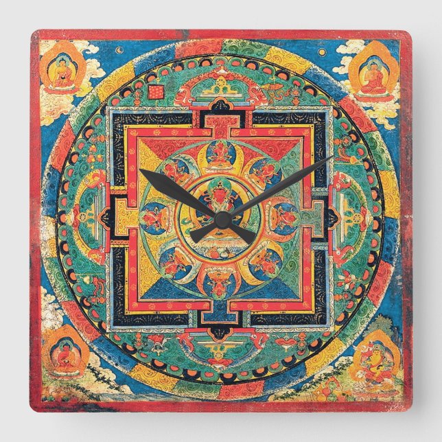 tibetisch-buddhistisch Mandala Clock Quadratische Wanduhr (Vorderseite)