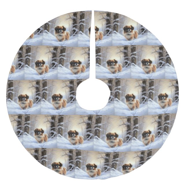 Tibetisch-Spanier lassen Weihnachten schneeweilen Polyester Weihnachtsbaumdecke (Vorderseite)