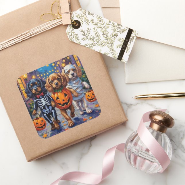 Tibetische Hunde Spaniens zu Halloween-Kostümen Quadratischer Aufkleber (Schenken)